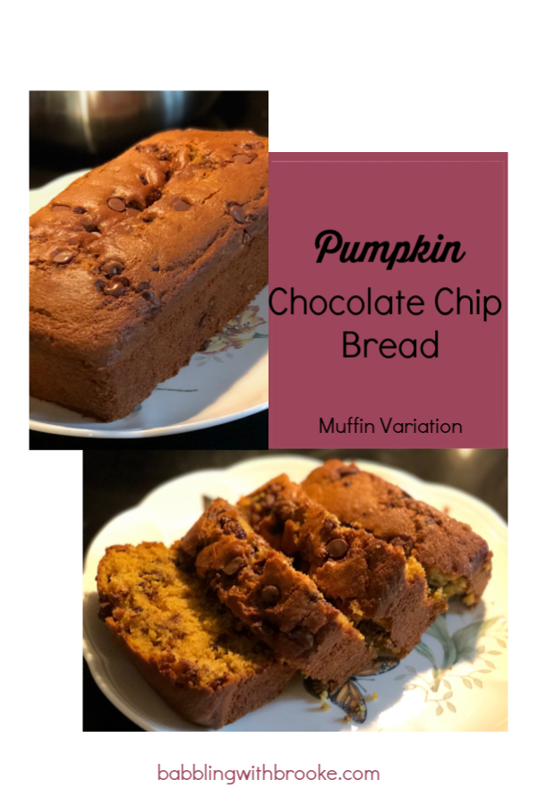 This gooey, chocolatey pumpkin chocolate chip bread. It can easily be made into pumpkin chocolate chip muffins that can easily be shared with others! A great Fall treat! #pumpkinchocolatechipbread #pumpkinchocolatechipmuffins #falltreats #holidaytreats #pumpkinbreads