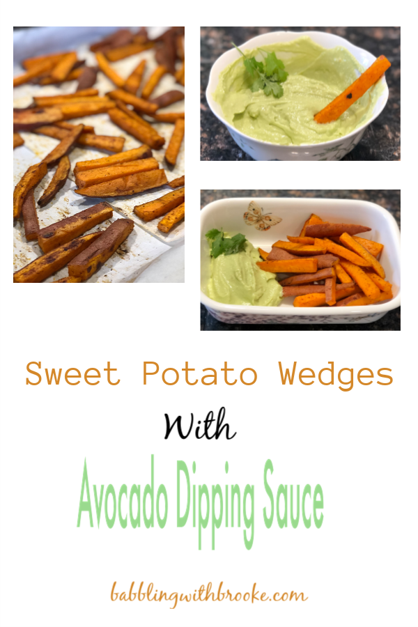 These sweet potato wedges with avocado dipping sauce are absolutely delicious! And They are perfect for a healthy, easy snack or for a pregame party! #superbowl #healthysnack #easysnack #healthyrecipe #recipes #sweetpotatorecipe #sweetpotatosnack