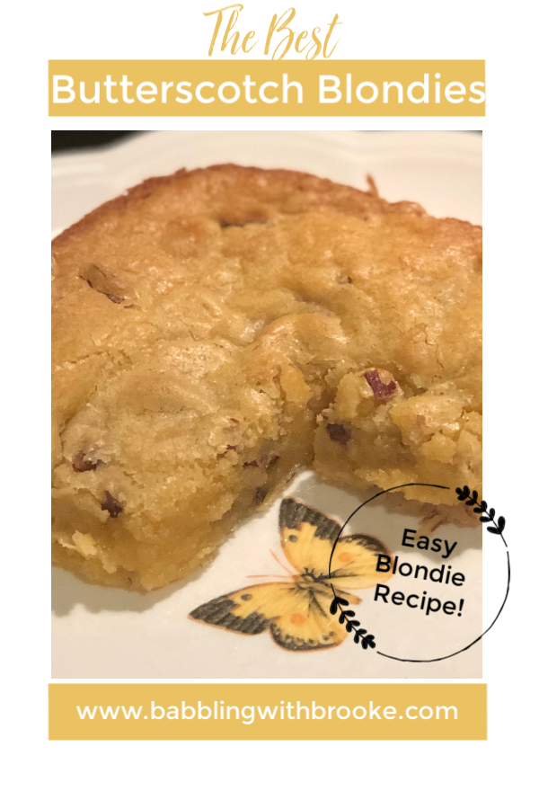 These butterscotch blondies are the perfect variation of blondies. THey are made with easy ingredients and take less than ten minutes to make. They are perfect for any blondie or dessert craving. #blondierecipe #homemadeblondie #whitechocolateblondie #easydessertrecipe #dessertrecipe