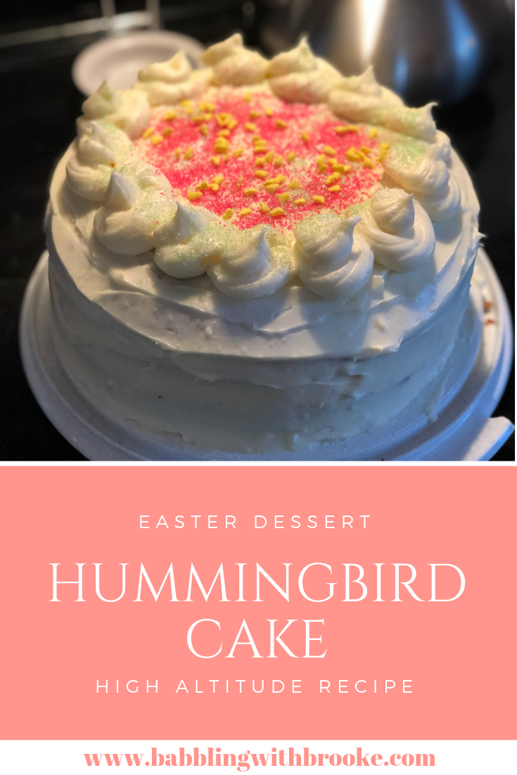 This delicious traditional southern cake is super moist and full of flavor! This recipe bakes perfectly at high altitude. #hummingbirdcake #highaltitudecake #easterdessert #holidaydessert #easycakerecipe #southerntradition