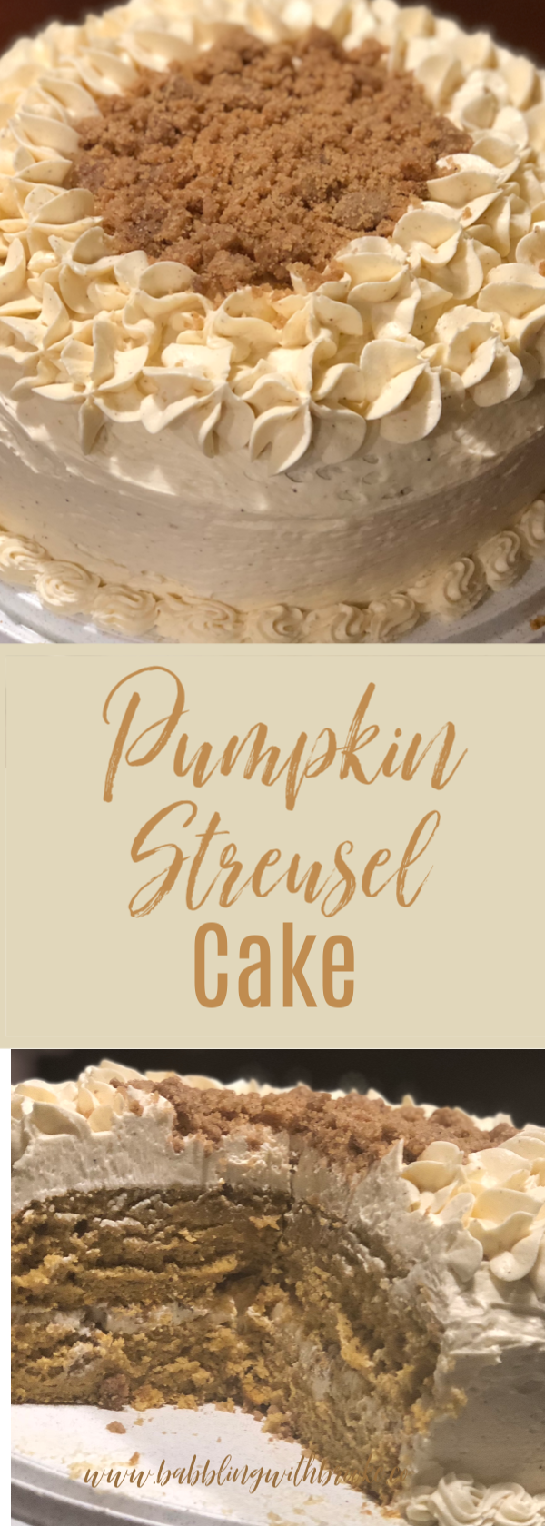 This delicious homemade pumpkin streusel cake is the perfect cake to bring to a family gathering or simply to bake for fun. It is full of flavor and the perfect cake for Fall! #easycake #pumpkincake #pumpkinstreusel #layeredcake #fallcake #holidaycake #familygatheringtreats