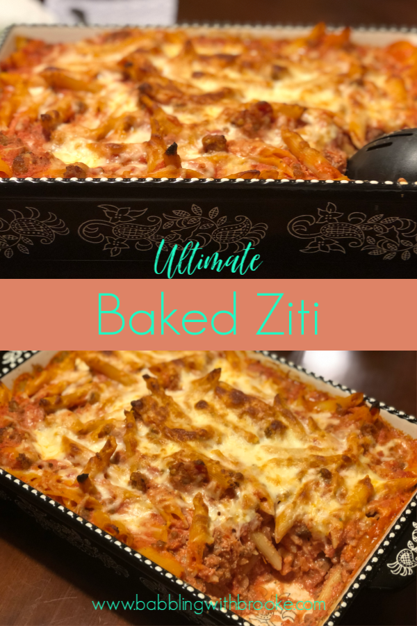 This easy baked ziti recipe is the perfect recipe for a dinner party or for a simple night in with the family. It is easy to make and has a homemade marinara sauce that is easy too! #bakedziti #easypastarecipe #dinnerpartyrecipes #dinnerparty #easydinner #glutenfreedinner #vegetariandinner #pastadinner